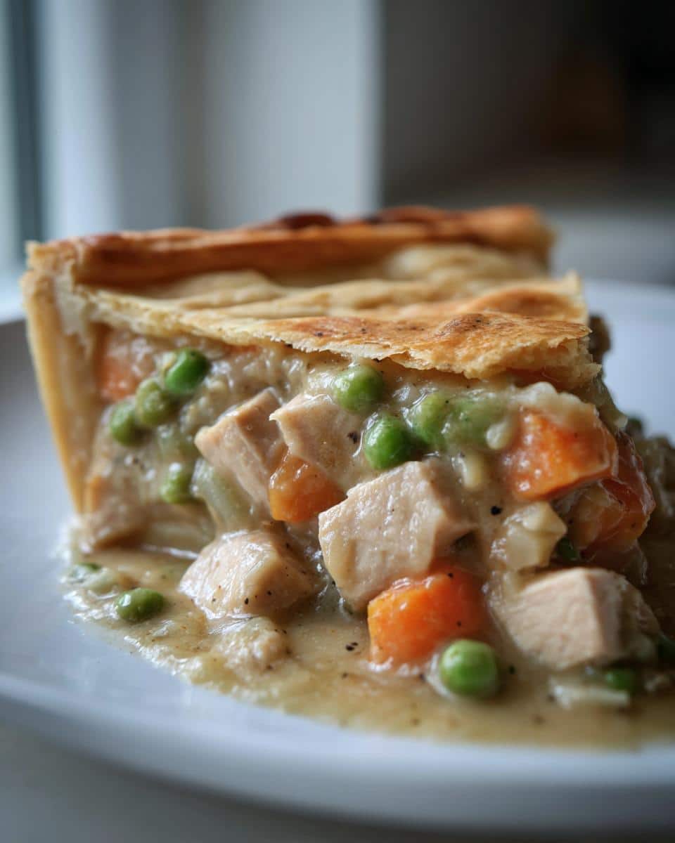 Close-up of a slice of chicken pot pie showing creamy Thermomix Chicken Pot Pie Filling with chunks of chicken, carrots, and peas.