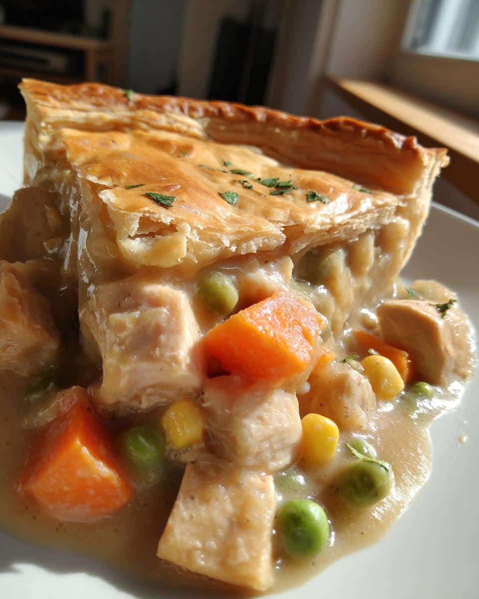 Close-up of a slice of chicken pot pie showing creamy filling with chicken chunks, carrots, peas, and corn under a flaky crust. This is the Thermomix Chicken Pot Pie Filling.