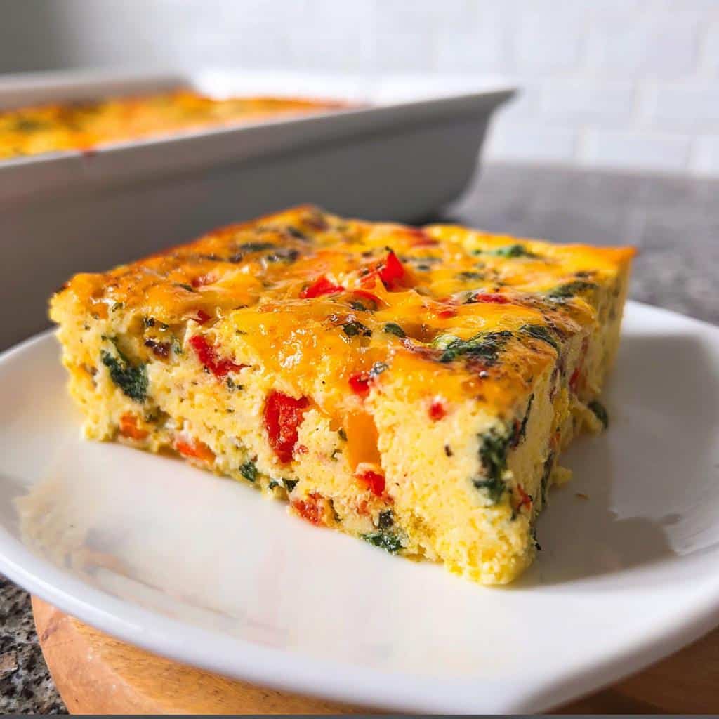 A thick, square slice of Cottage Cheese Egg Bake, featuring visible red peppers and spinach, topped with melted cheese.