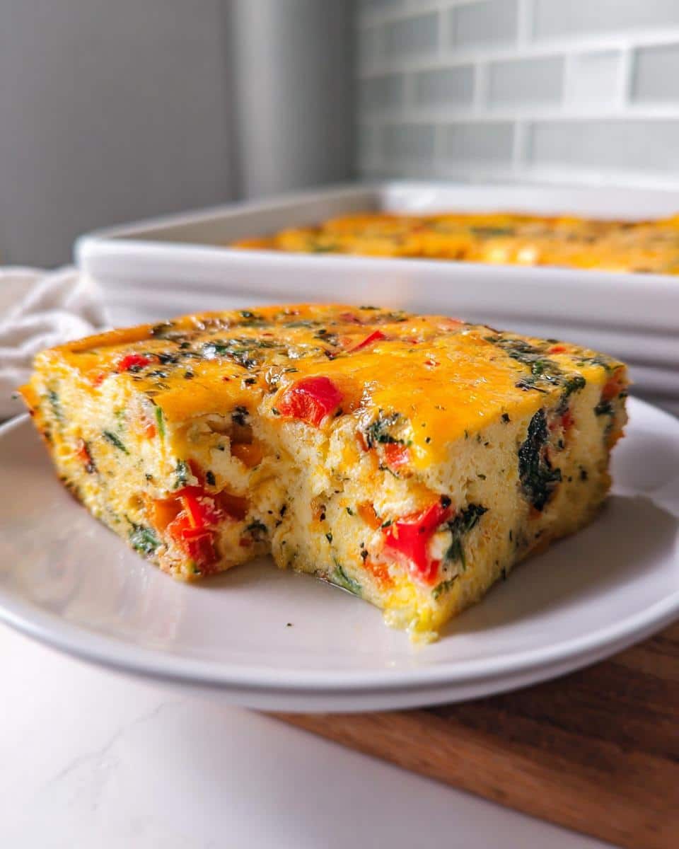 A square slice of fluffy Cottage Cheese Egg Bake with visible red peppers and spinach, served on a white plate.