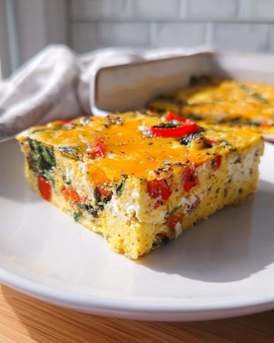 A thick slice of Cottage Cheese Egg Bake featuring visible cottage cheese curds, spinach, and red peppers, topped with melted cheddar cheese.