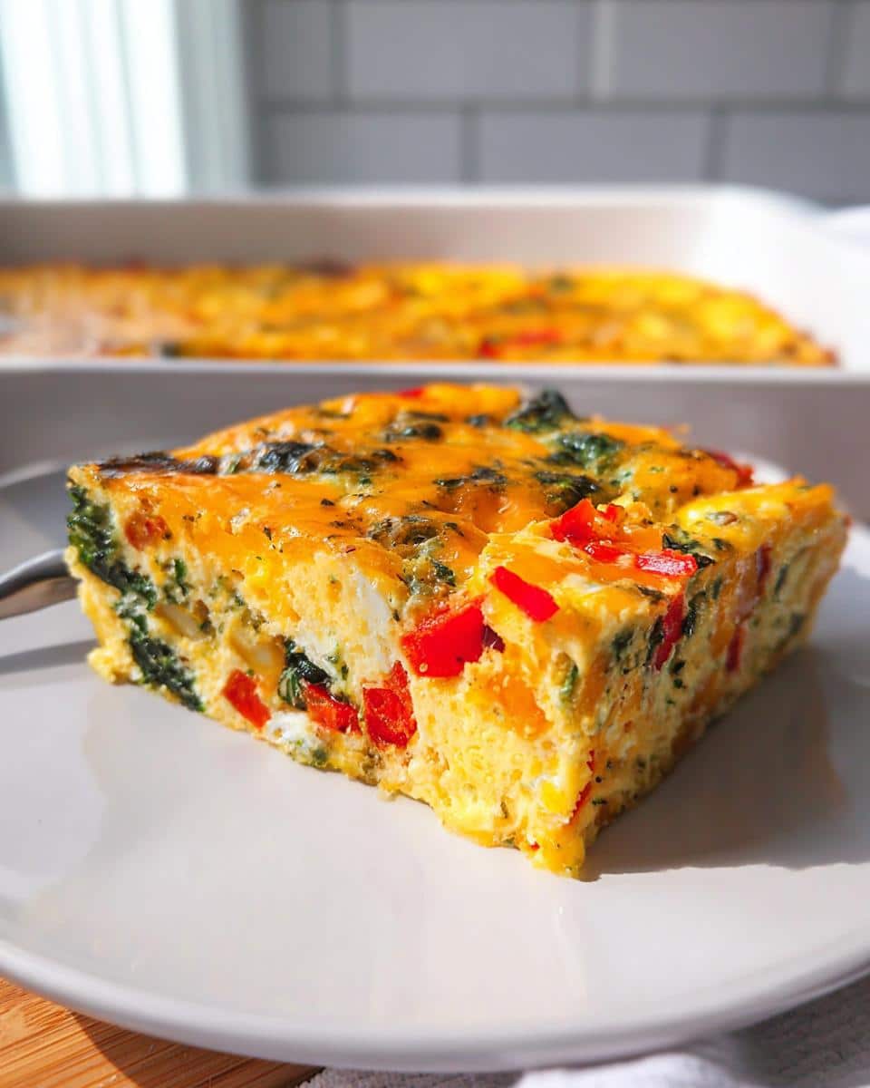 A square slice of baked Cottage Cheese Egg Bake topped with melted cheddar, red peppers, and spinach.