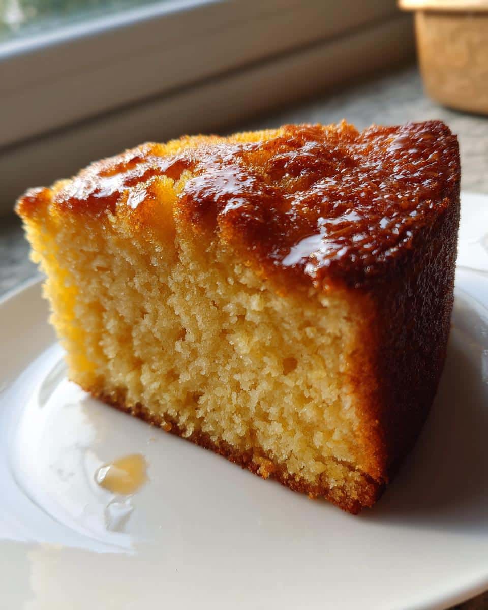 Close-up of a moist slice of Thermomix Orange Almond Cake with a shiny glaze on top, served on a white plate.