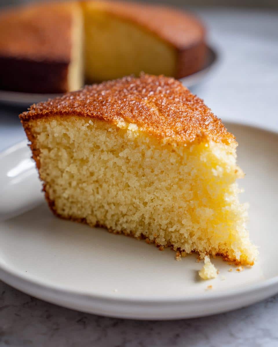 Close-up of a moist slice of Thermomix Vanilla Butter Cake topped with sparkling sugar.