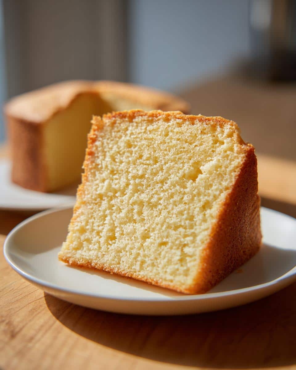 Close-up of a fluffy slice of Thermomix Vanilla Butter Cake on a white plate, showing its fine crumb texture.
