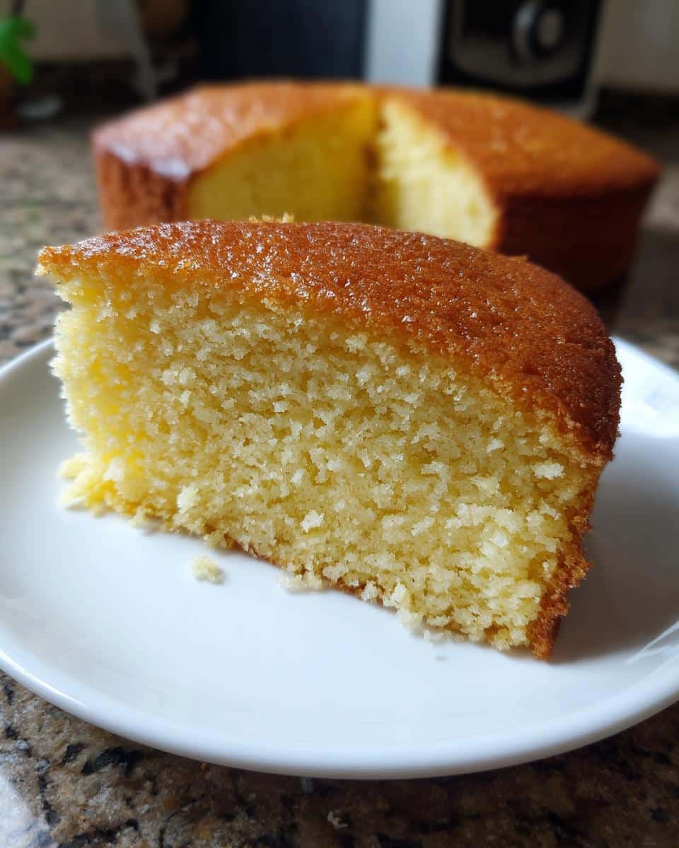 Close-up of a moist slice of Thermomix Vanilla Butter Cake on a white plate.