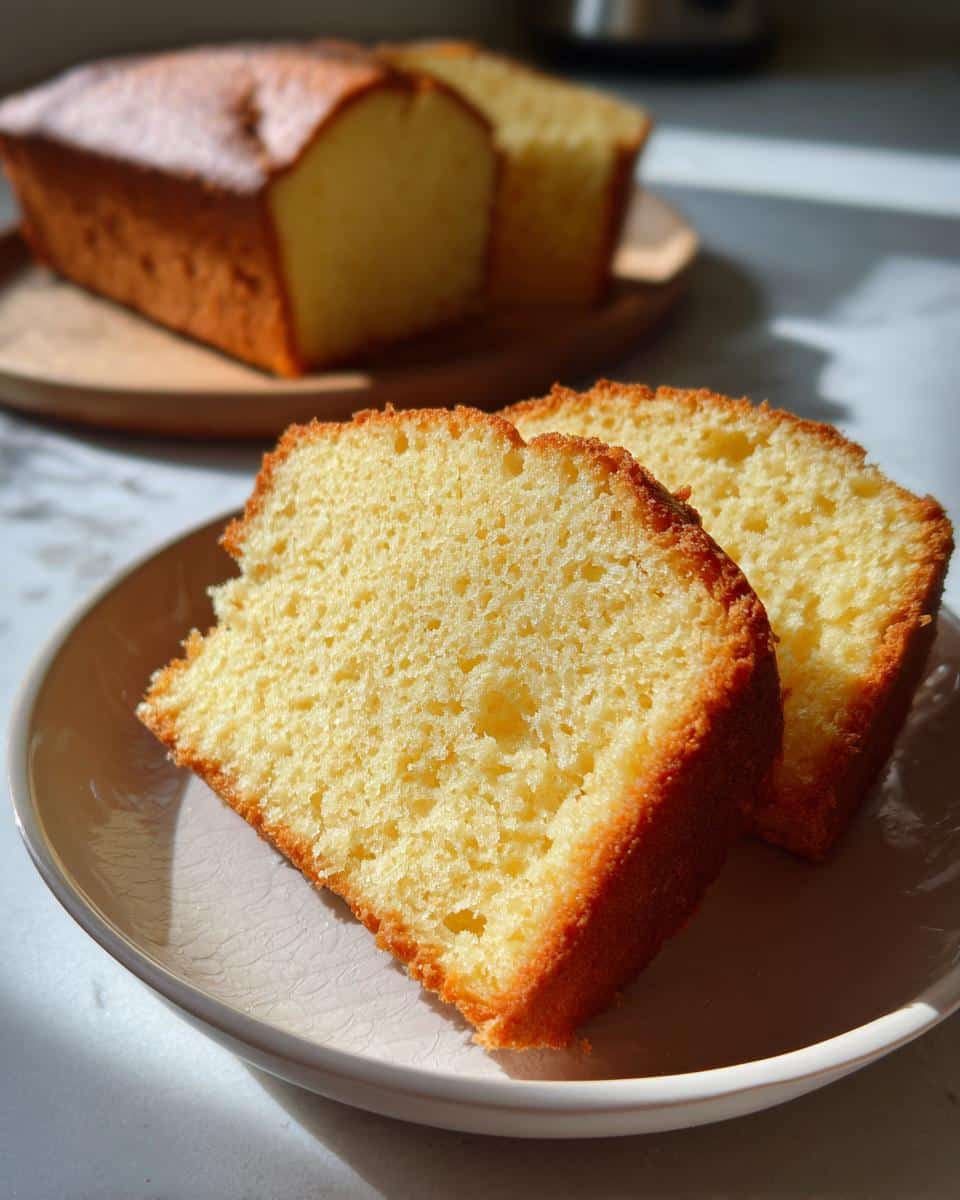 Two moist slices of Thermomix Vanilla Butter Cake displayed on a small plate with the rest of the loaf blurred in the background.
