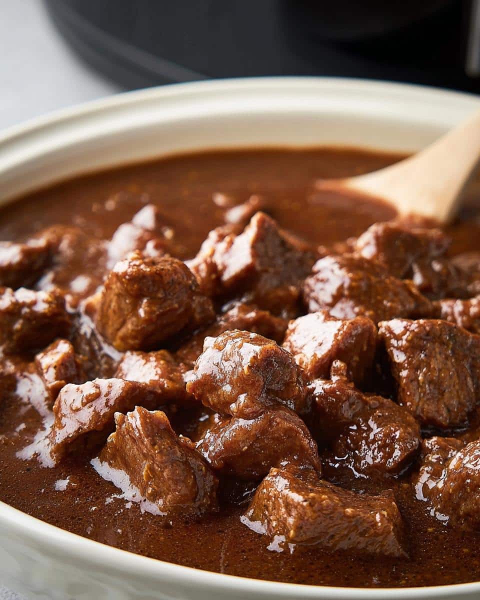 Close-up of tender cubes of Slow Cooker Beef Tips & Gravy coated in a rich, dark brown sauce.