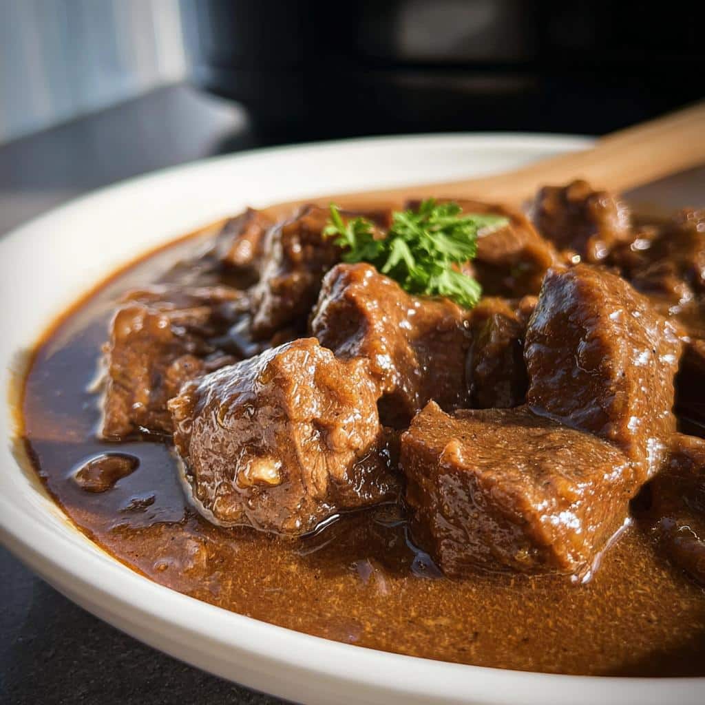 Close-up of tender Slow Cooker Beef Tips & Gravy in a white bowl, garnished with parsley.