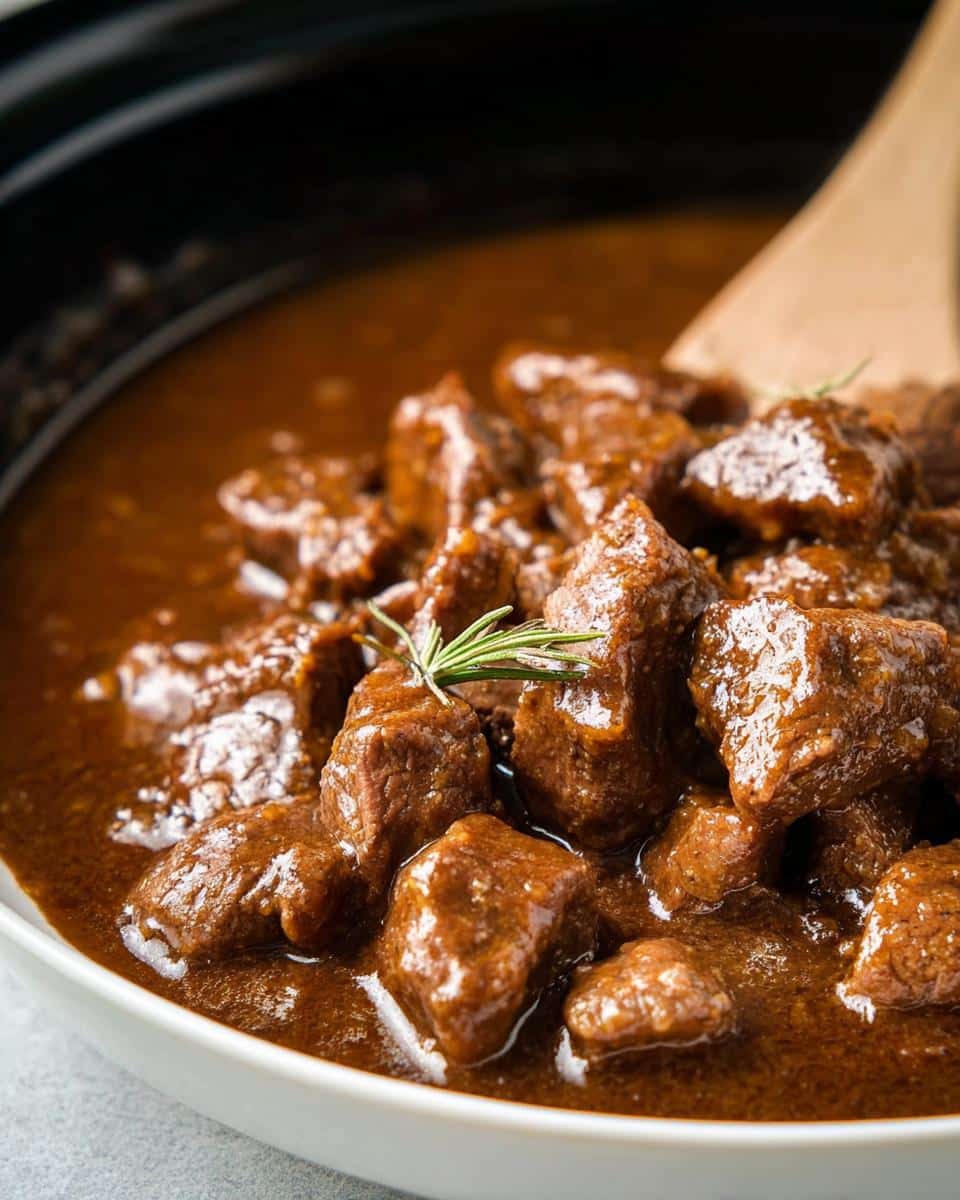 Close-up of tender Slow Cooker Beef Tips & Gravy in a white bowl, garnished with fresh rosemary.