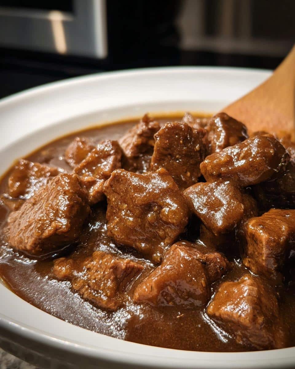 Close-up of tender, rich brown cubes of Slow Cooker Beef Tips & Gravy coated in thick, glossy sauce in a white bowl.