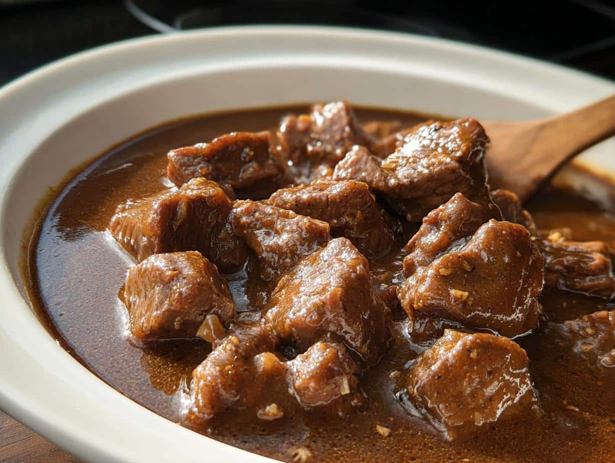 Close-up of tender, rich brown Slow Cooker Beef Tips & Gravy in a white bowl with a wooden spoon.