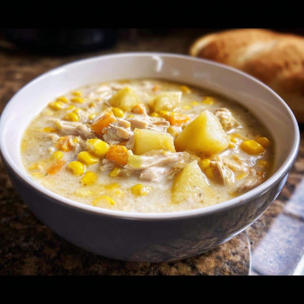 A close-up of a hearty bowl of creamy Slow Cooker Chicken Corn Chowder filled with corn, potatoes, and shredded chicken.