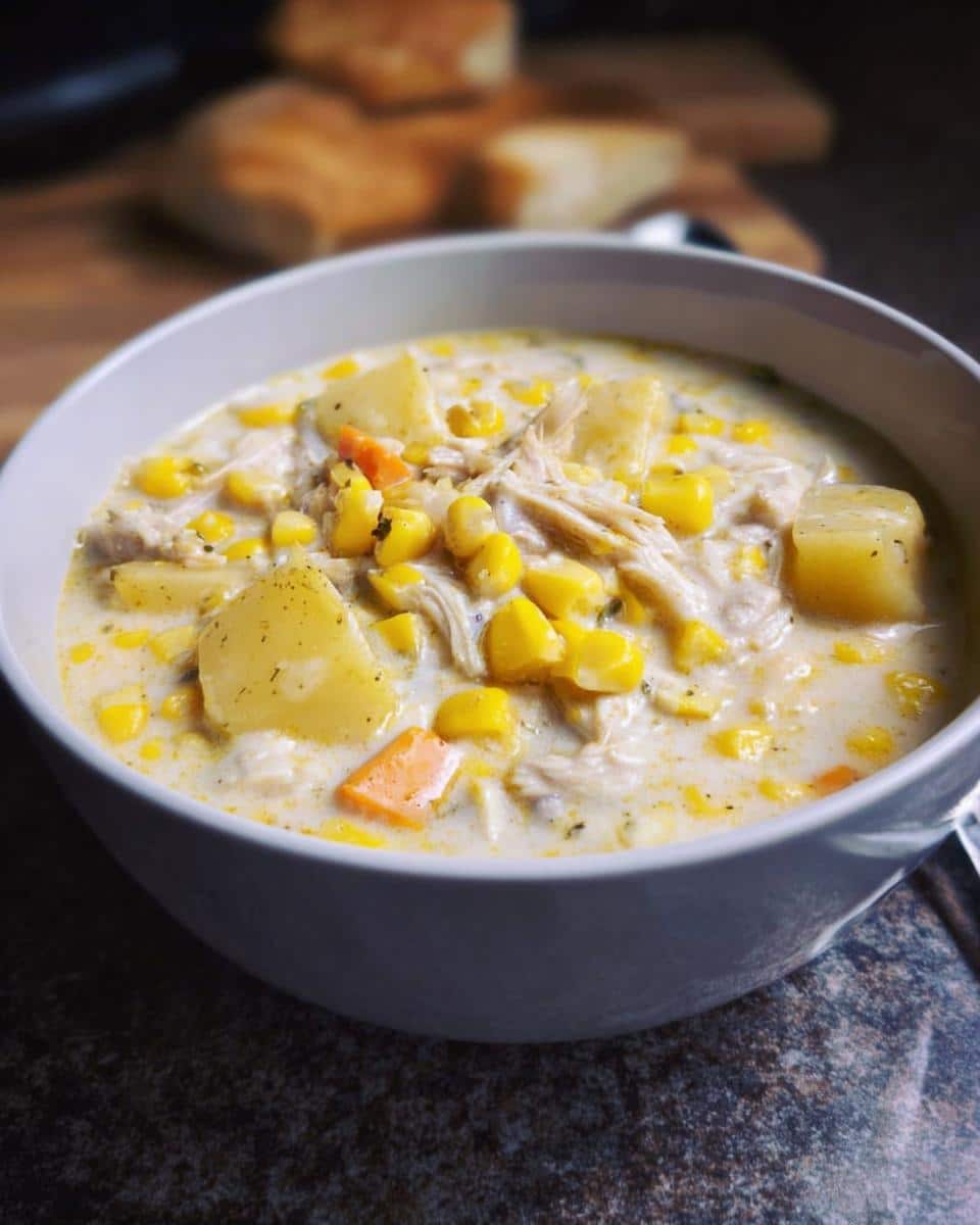 Close-up of a bowl filled with creamy Slow Cooker Chicken Corn Chowder, featuring shredded chicken, corn, and potato chunks.