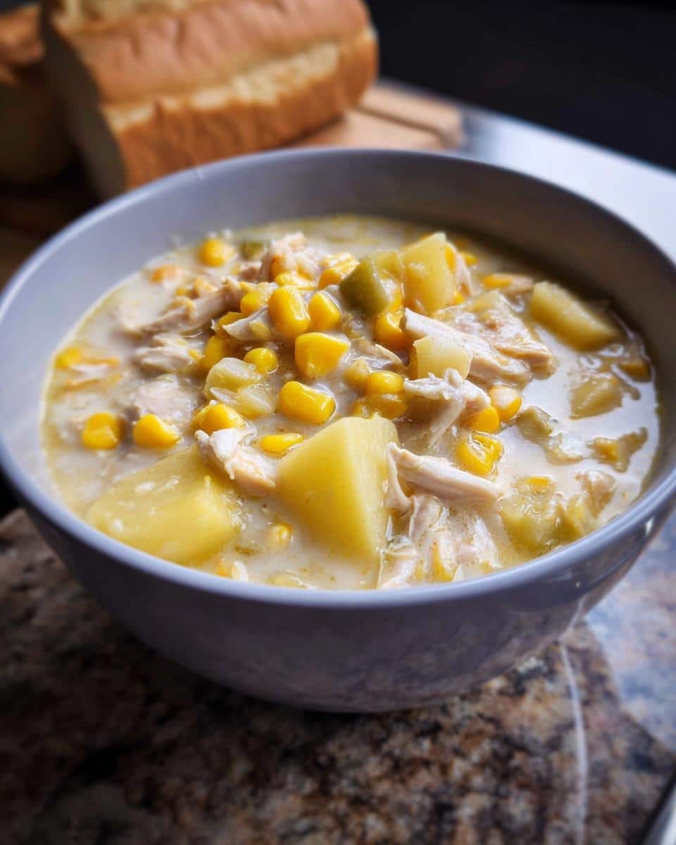 A close-up of a hearty bowl of Slow Cooker Chicken Corn Chowder, featuring shredded chicken, corn, and large potato chunks in a creamy broth.