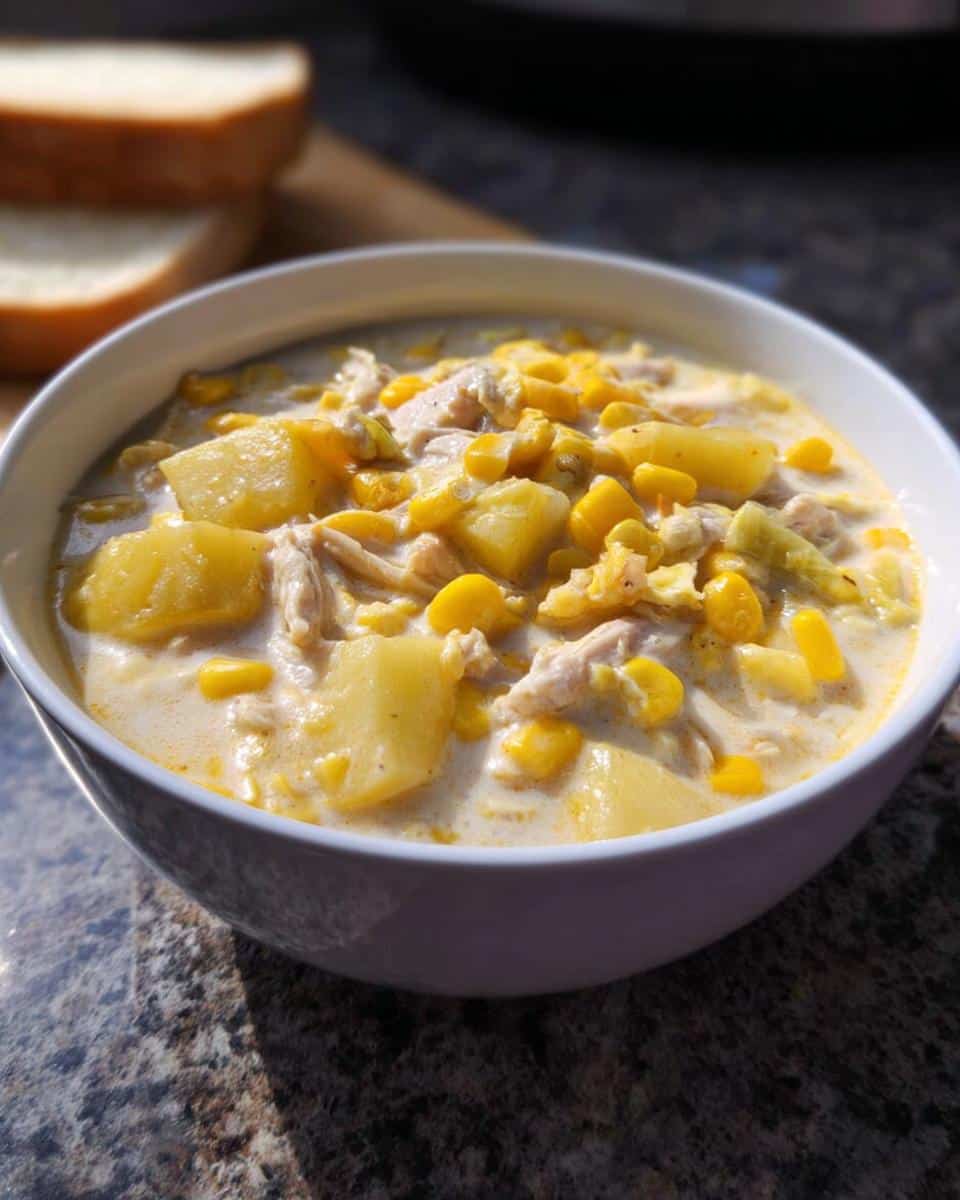 A close-up of a creamy bowl of Slow Cooker Chicken Corn Chowder with visible chunks of potato and corn.