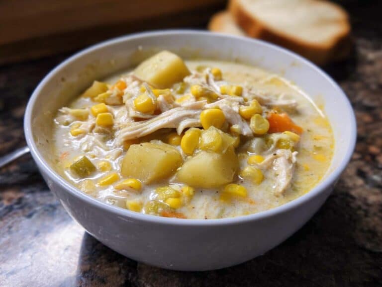 A close-up of a white bowl filled with creamy Slow Cooker Chicken Corn Chowder, featuring shredded chicken, corn, and potato chunks.