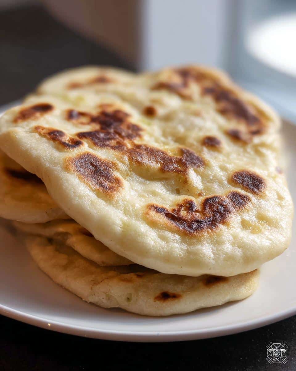 Close-up of a stack of soft, freshly cooked Thermomix Naan recipe flatbreads with golden brown charred spots.