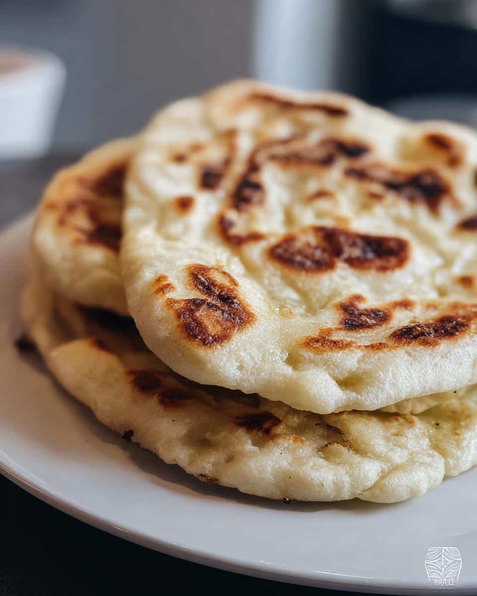 Close-up of two soft, fluffy pieces of homemade Thermomix Naan recipe bread stacked on a white plate.