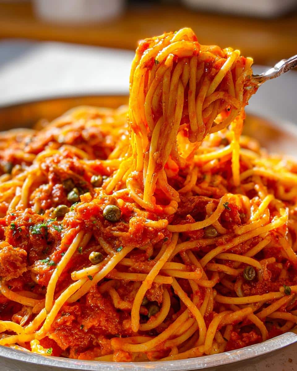 Close-up of spaghetti being twirled on a fork, coated in rich red sauce, part of a 5-Ingredient Pasta Dinner.