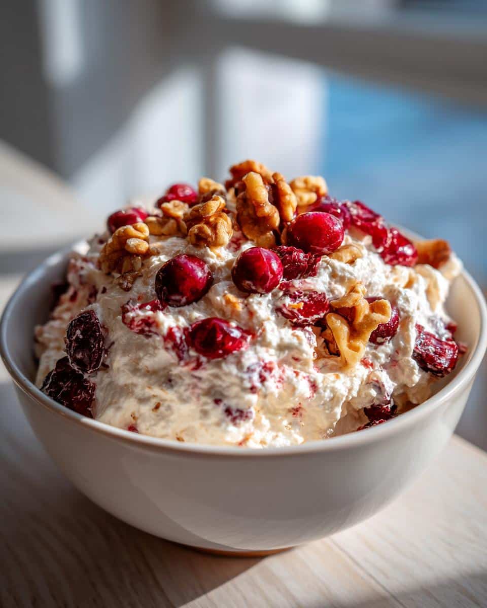 A white bowl filled with creamy Spiced Cranberry & Walnut Cheese Spread, topped with whole walnuts and fresh cranberries.
