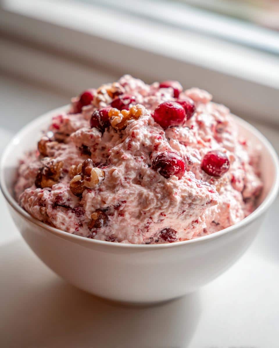 A white bowl filled with pink Spiced Cranberry & Walnut Cheese Spread, topped with whole cranberries and walnuts.