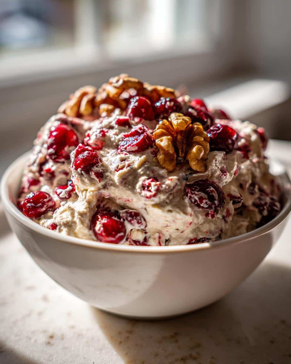 A white bowl filled with creamy Spiced Cranberry & Walnut Cheese Spread, topped with whole walnuts and bright red cranberries.