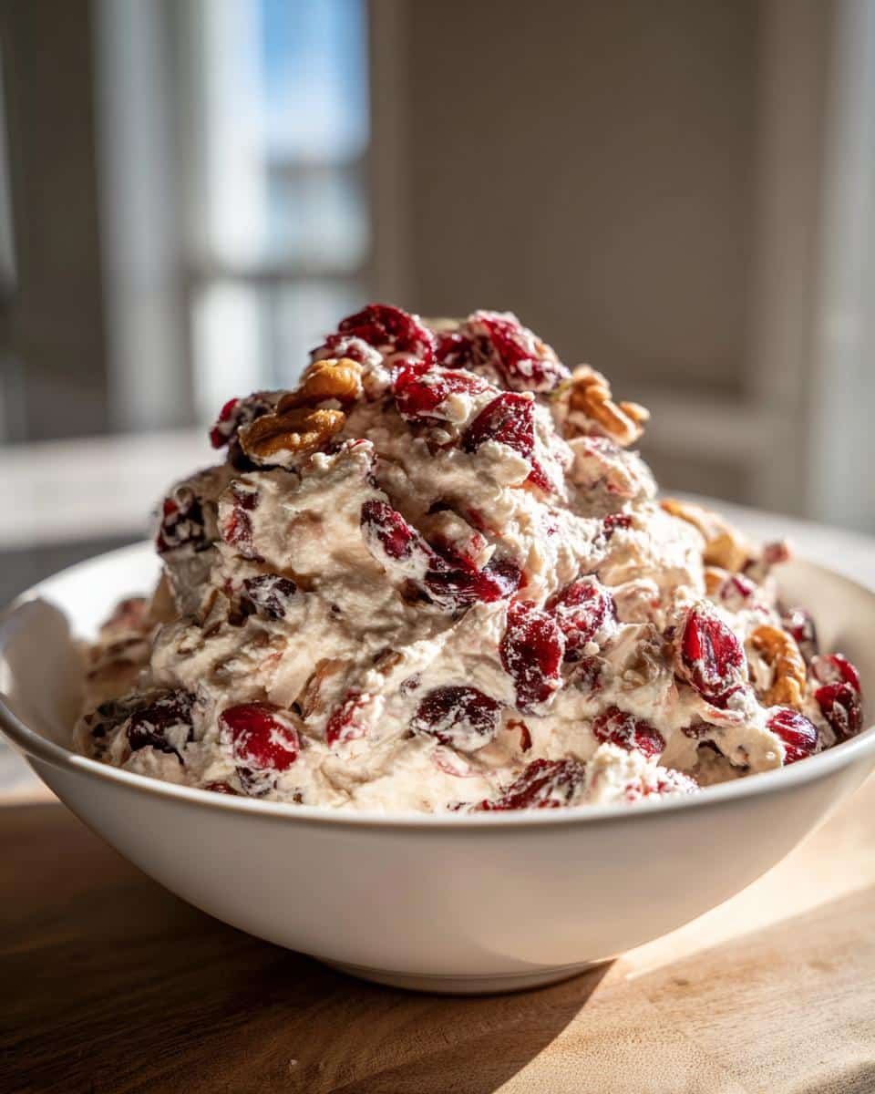 A generous mound of Spiced Cranberry & Walnut Cheese Spread topped with dried cranberries and walnuts in a white bowl.
