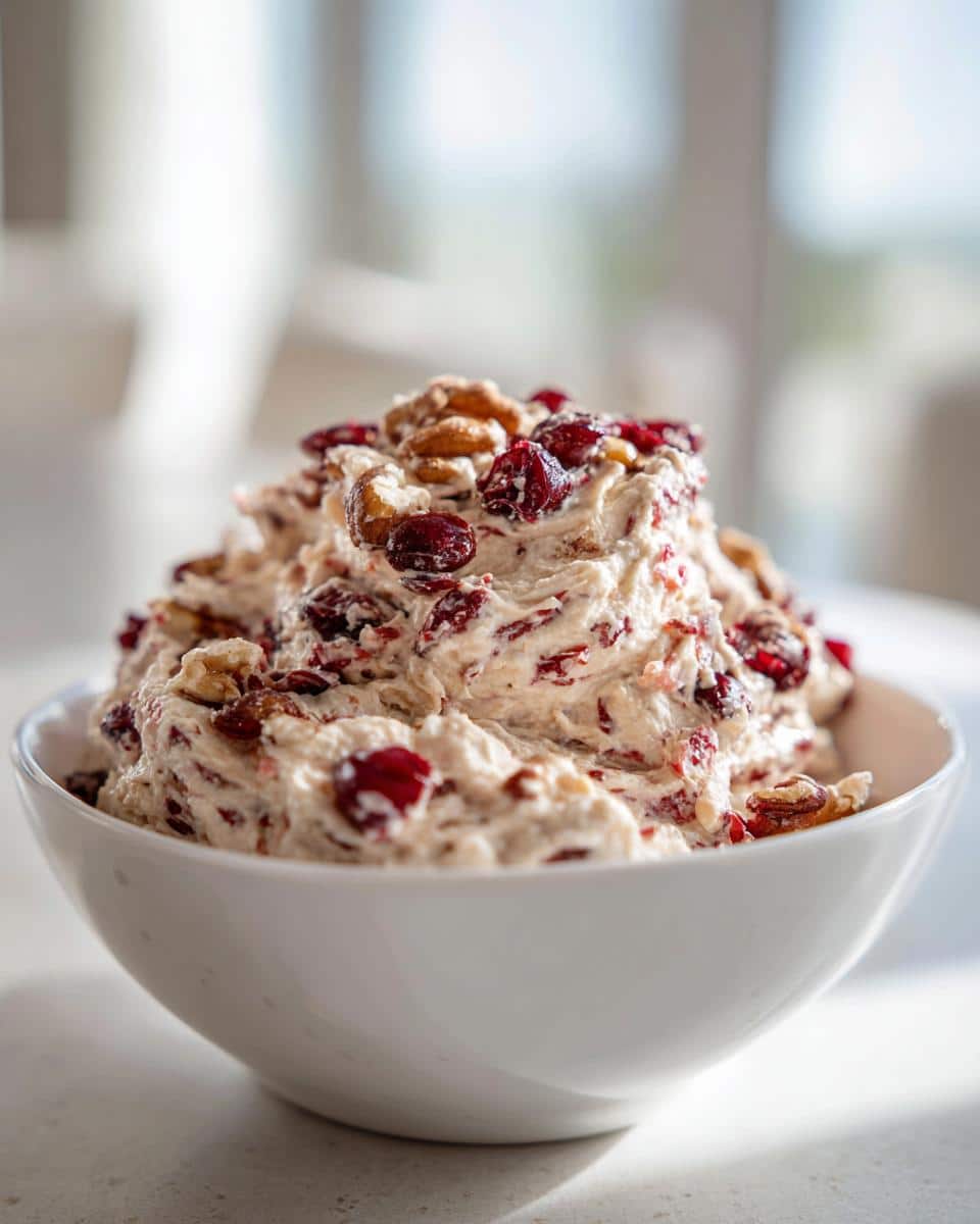 A white bowl filled high with creamy Spiced Cranberry & Walnut Cheese Spread, topped with dried cranberries and walnuts.