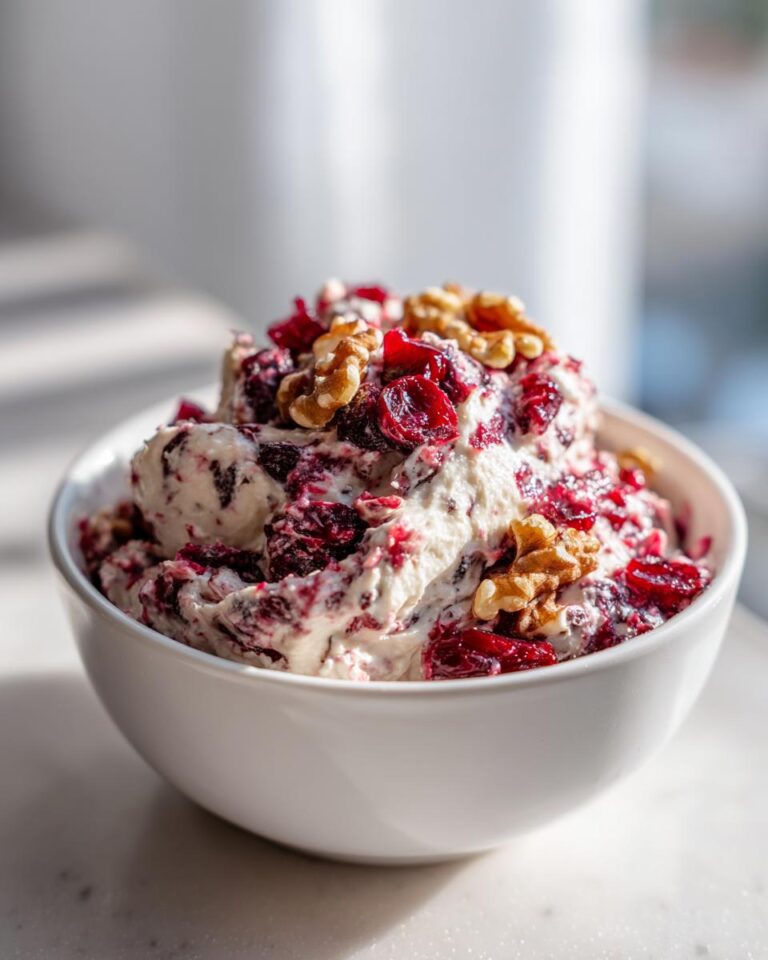 A white bowl filled with creamy Spiced Cranberry & Walnut Cheese Spread, topped with dried cranberries and walnuts.