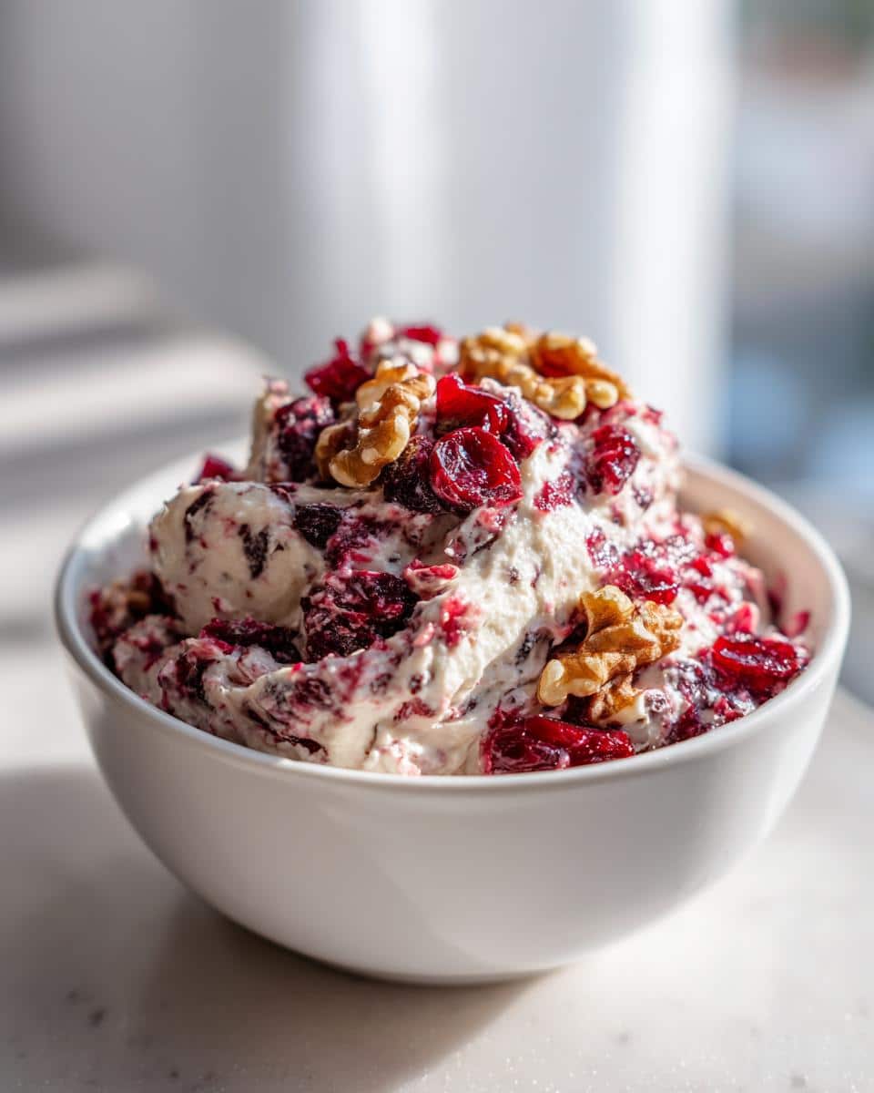 A white bowl filled with creamy Spiced Cranberry & Walnut Cheese Spread, topped with dried cranberries and walnuts.