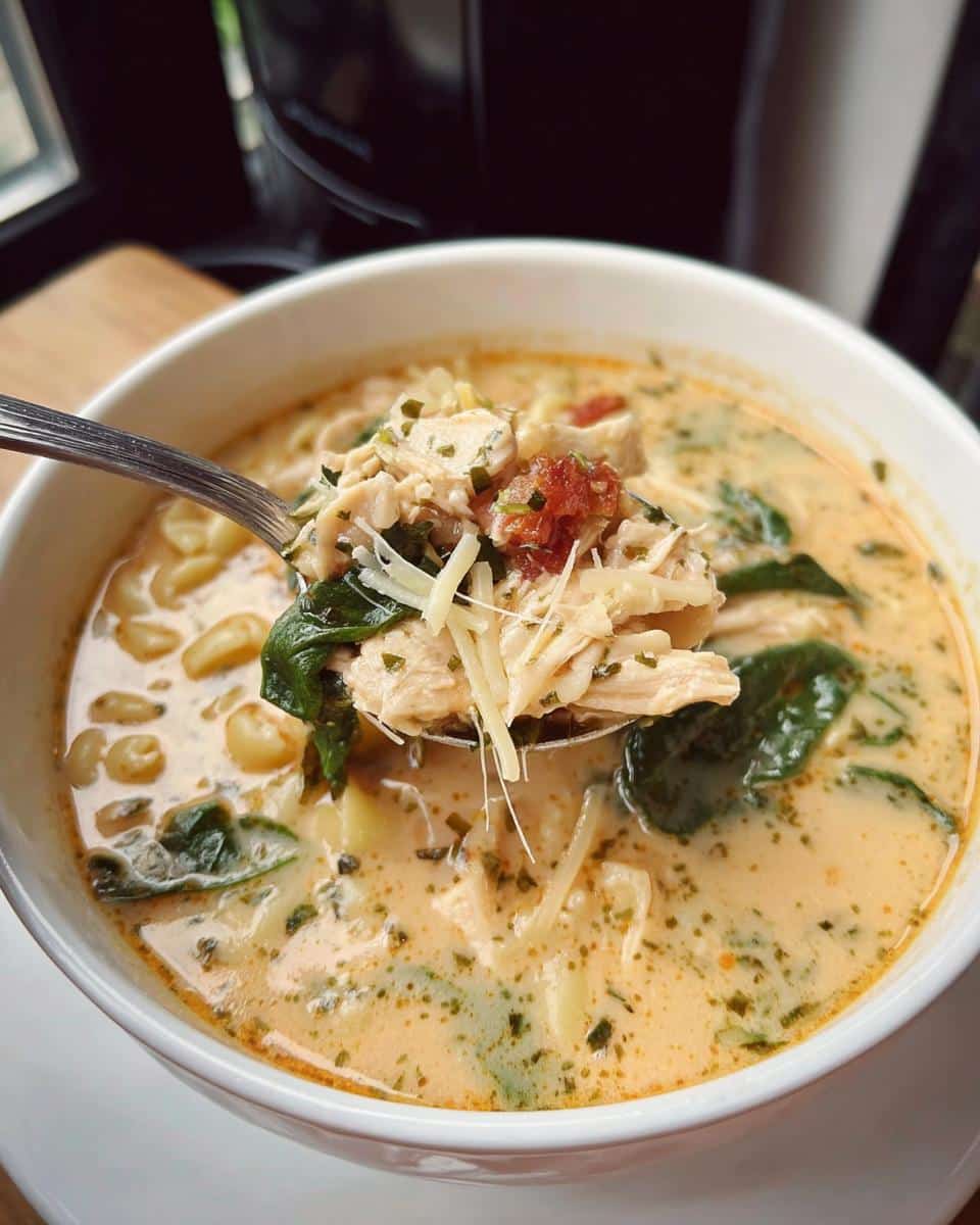 A spoonful of creamy Crockpot Marry Me Chicken Soup showing shredded chicken, spinach, and cheese being lifted from a white bowl.