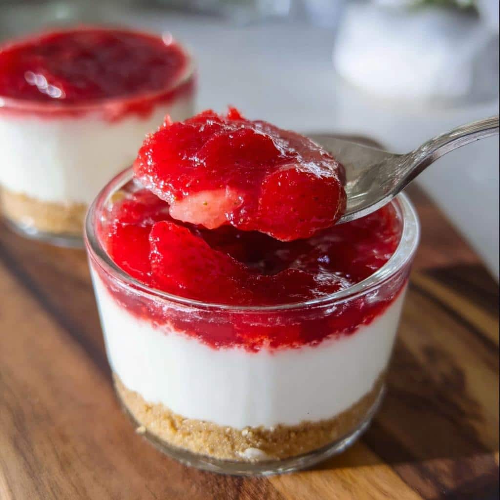 A spoonful of strawberry topping is lifted from a glass containing Weight Loss Cheesecake Cups with a graham cracker crust.