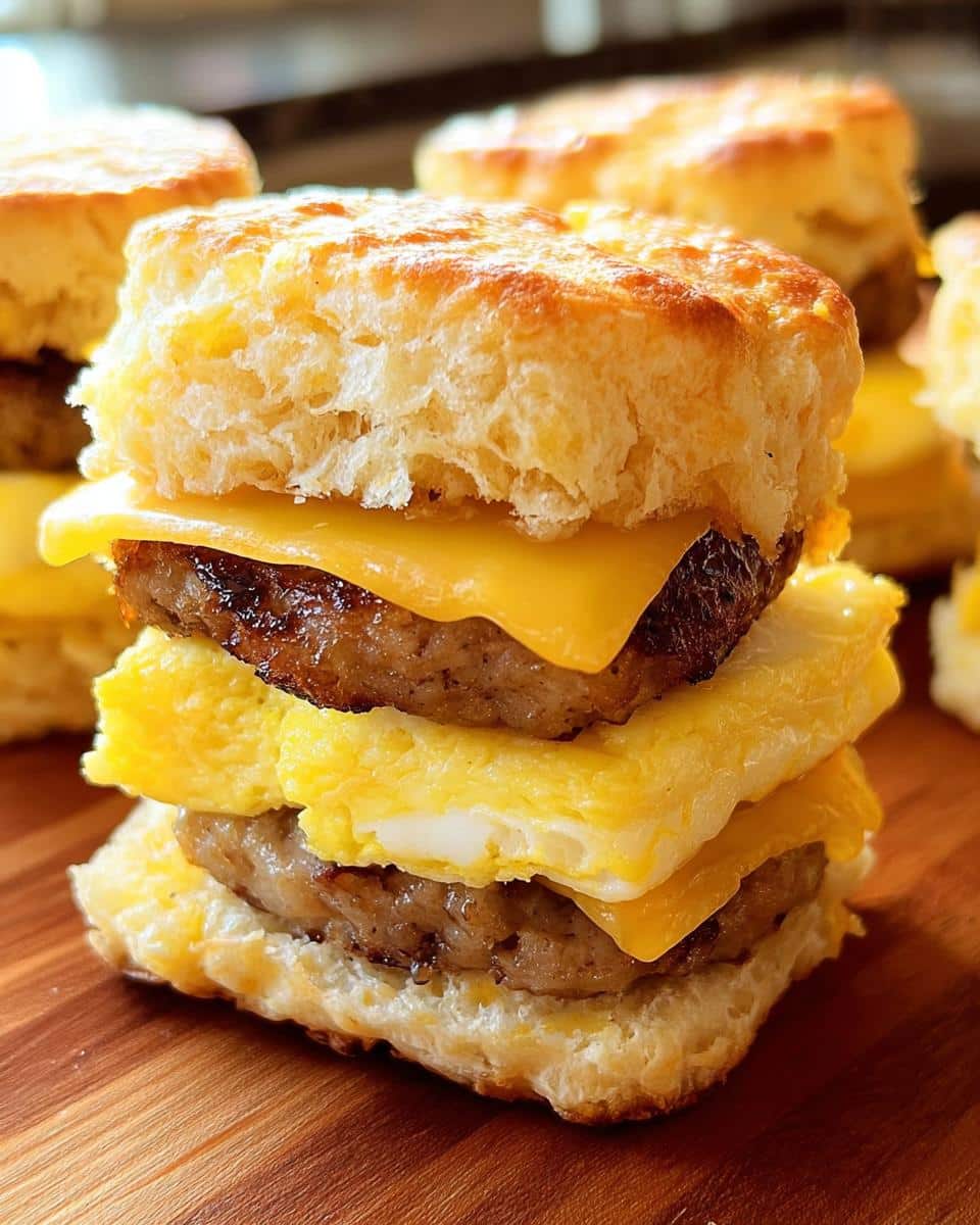 Close-up of a stacked Keto Breakfast Biscuit Sandwiches featuring sausage patties, folded egg, and melted cheese between keto biscuits.