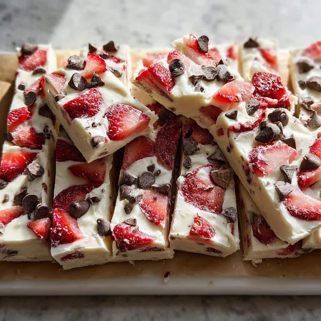 Close-up of frozen yogurt bark pieces topped with fresh strawberries and chocolate chips, showcasing the 5-Ingredient Snack Bites.