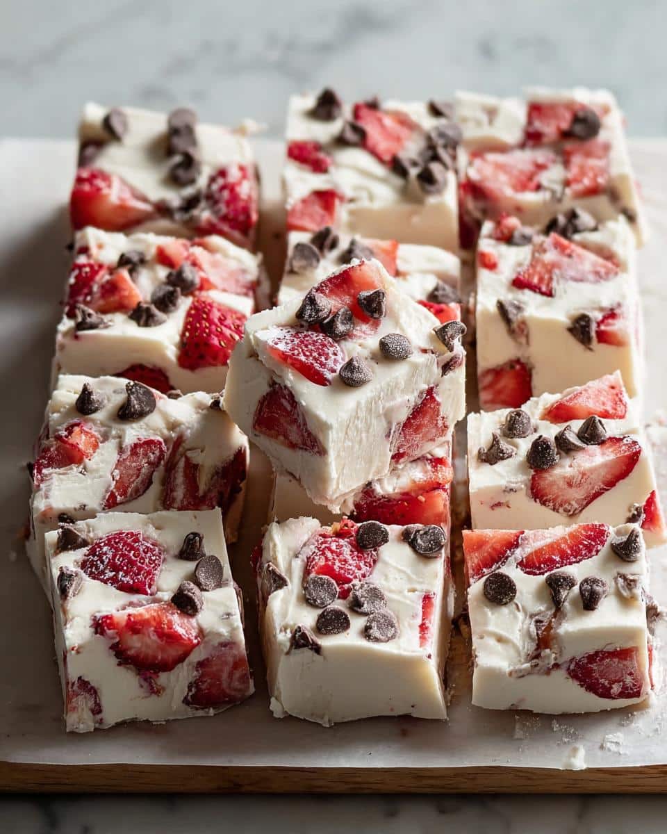 Close-up of frozen strawberry and chocolate chip yogurt bites, perfect as a 5-Ingredient Snack Bites recipe.