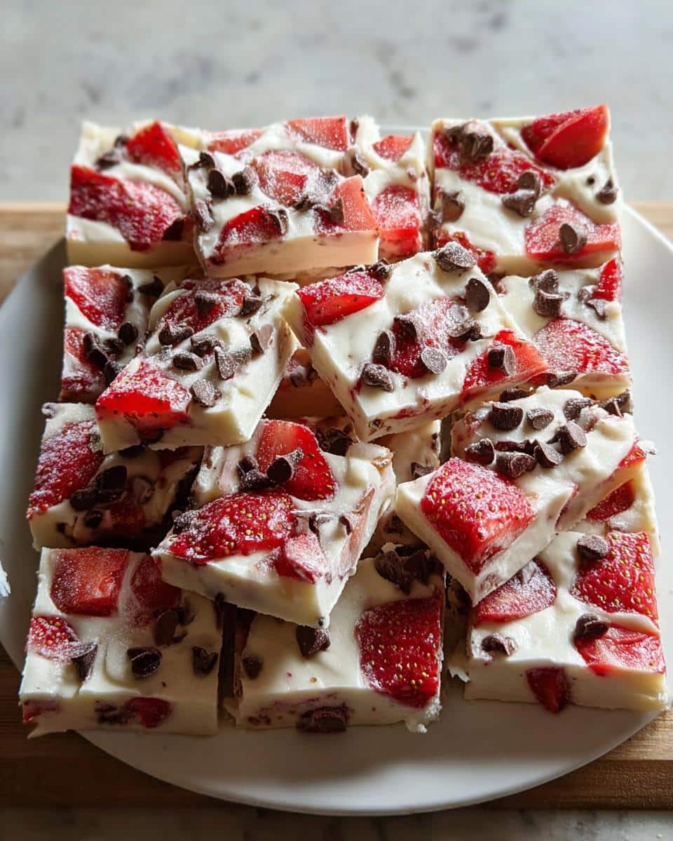 A pile of frozen yogurt bark squares topped with strawberries and chocolate chips, perfect as 5-Ingredient Snack Bites.
