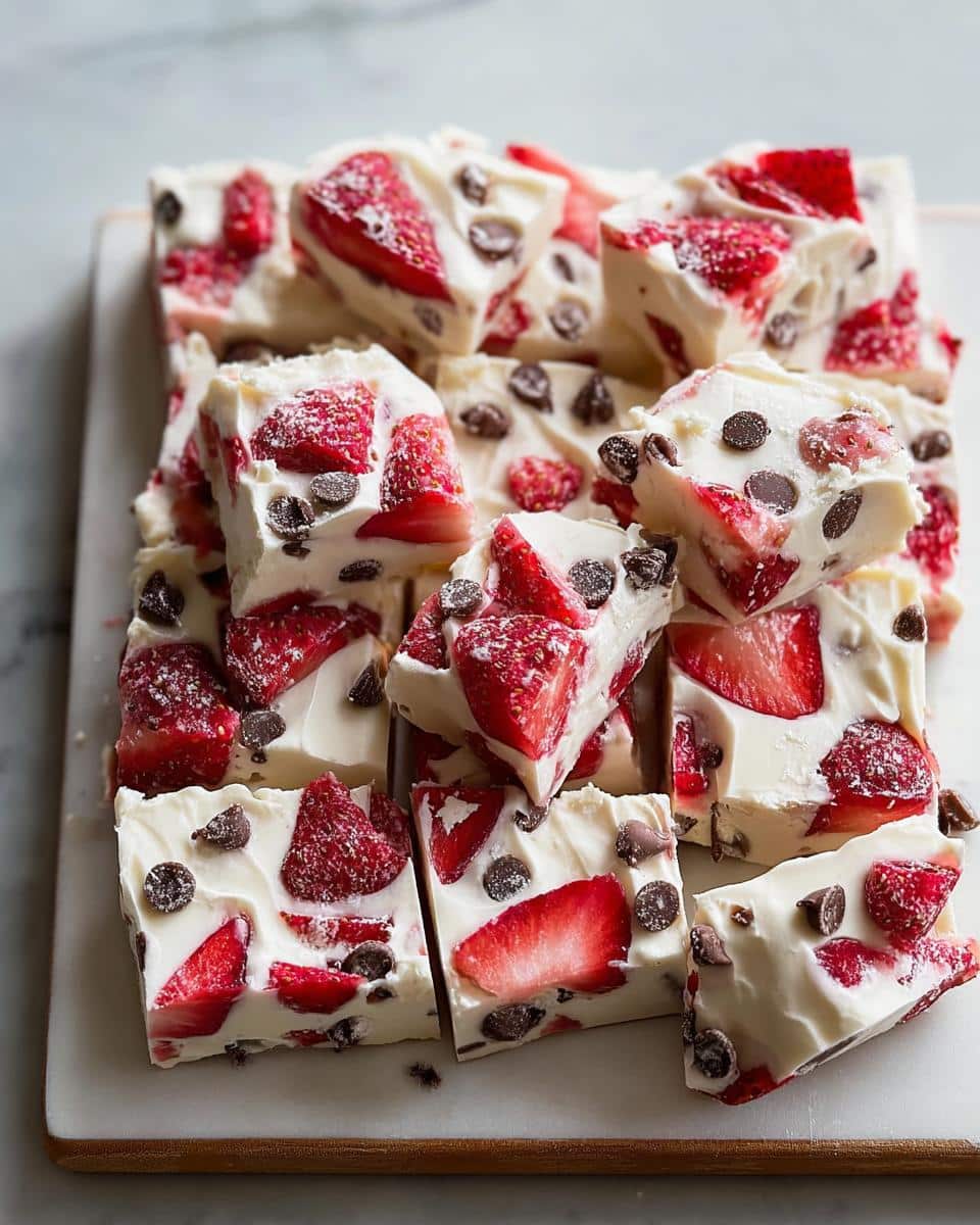 A pile of frozen white chocolate yogurt bites loaded with strawberries and mini chocolate chips, perfect 5-Ingredient Snack Bites.