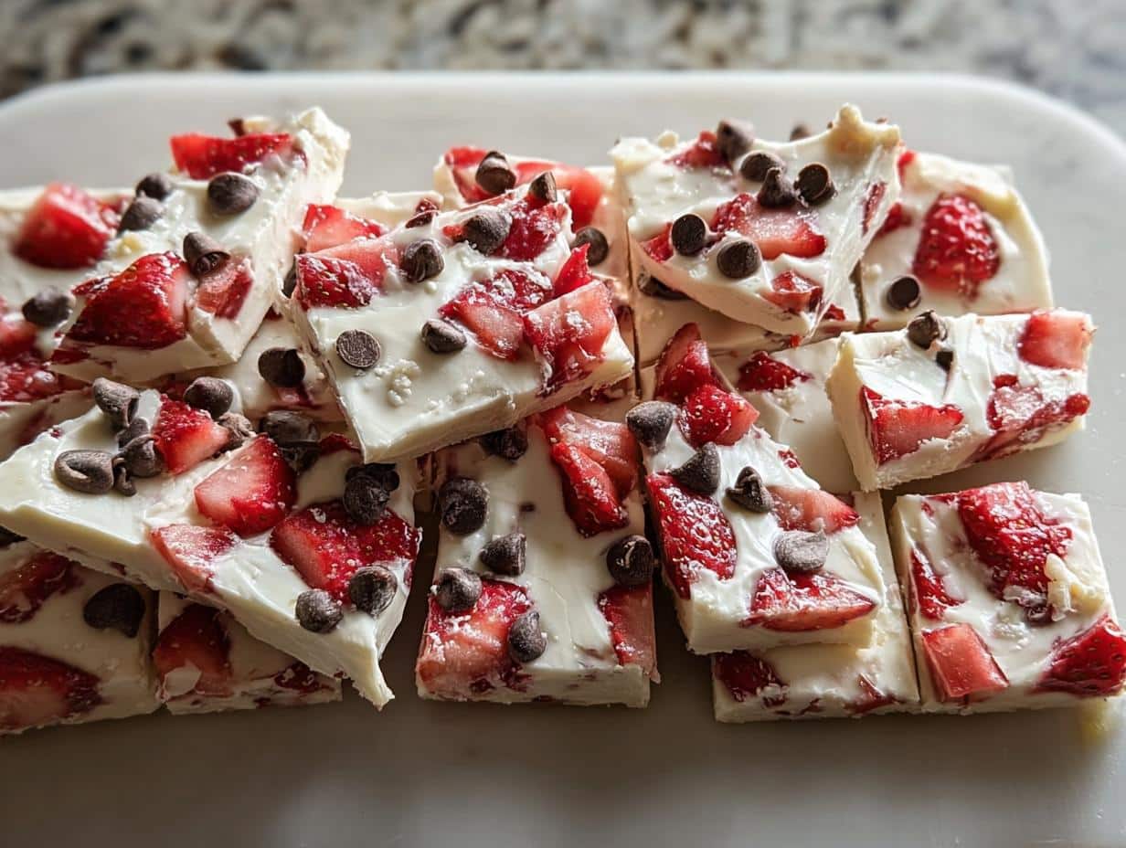 Close-up of stacked, frozen yogurt bark pieces featuring strawberries and chocolate chips, perfect as 5-Ingredient Snack Bites.