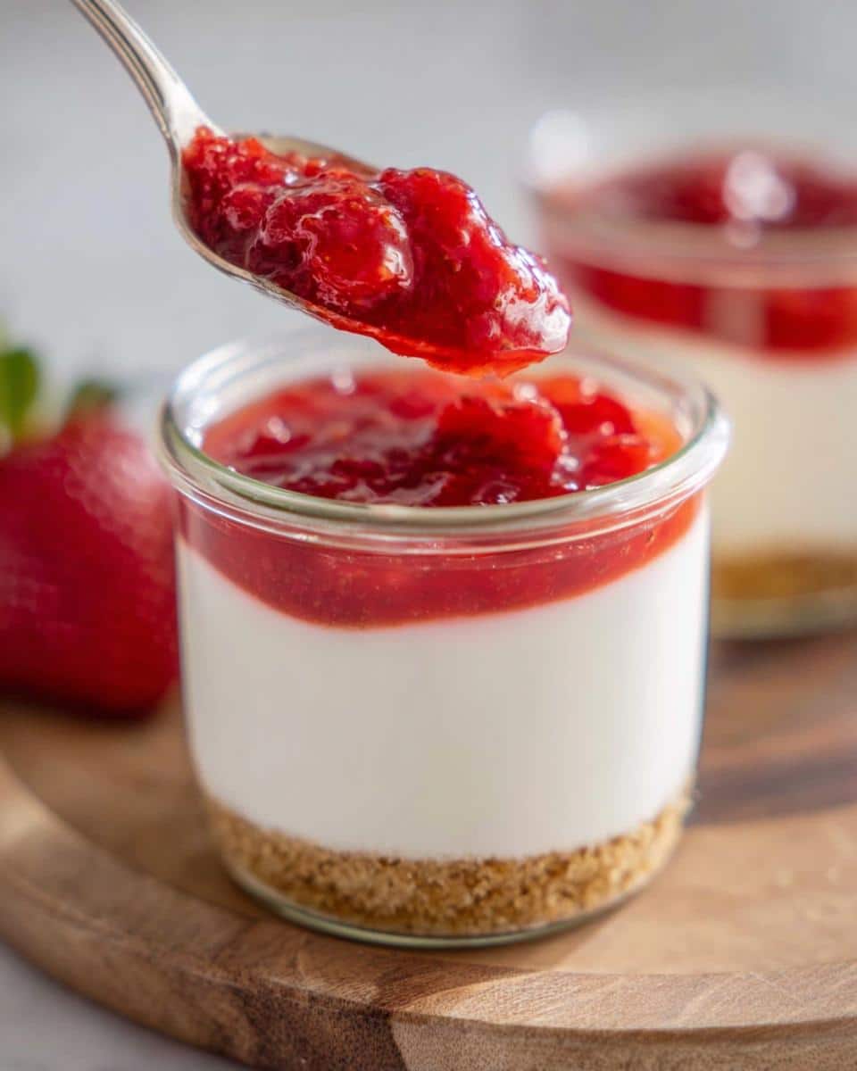 A spoonful of strawberry topping is being drizzled onto a layered Weight Loss Cheesecake Cup.