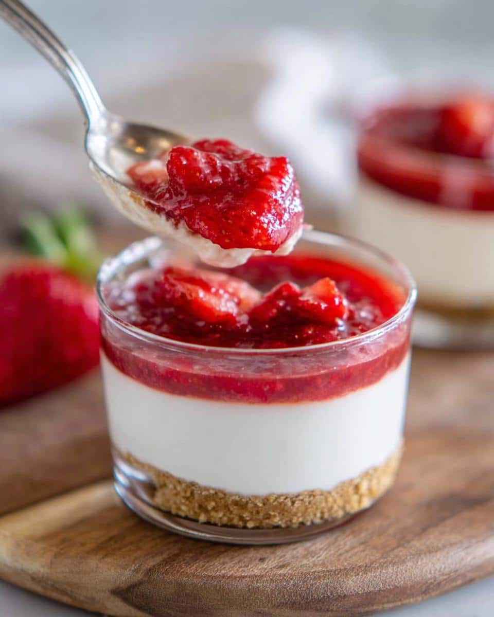 A spoonful of strawberry topping being lifted from a glass of Weight Loss Cheesecake Cups.