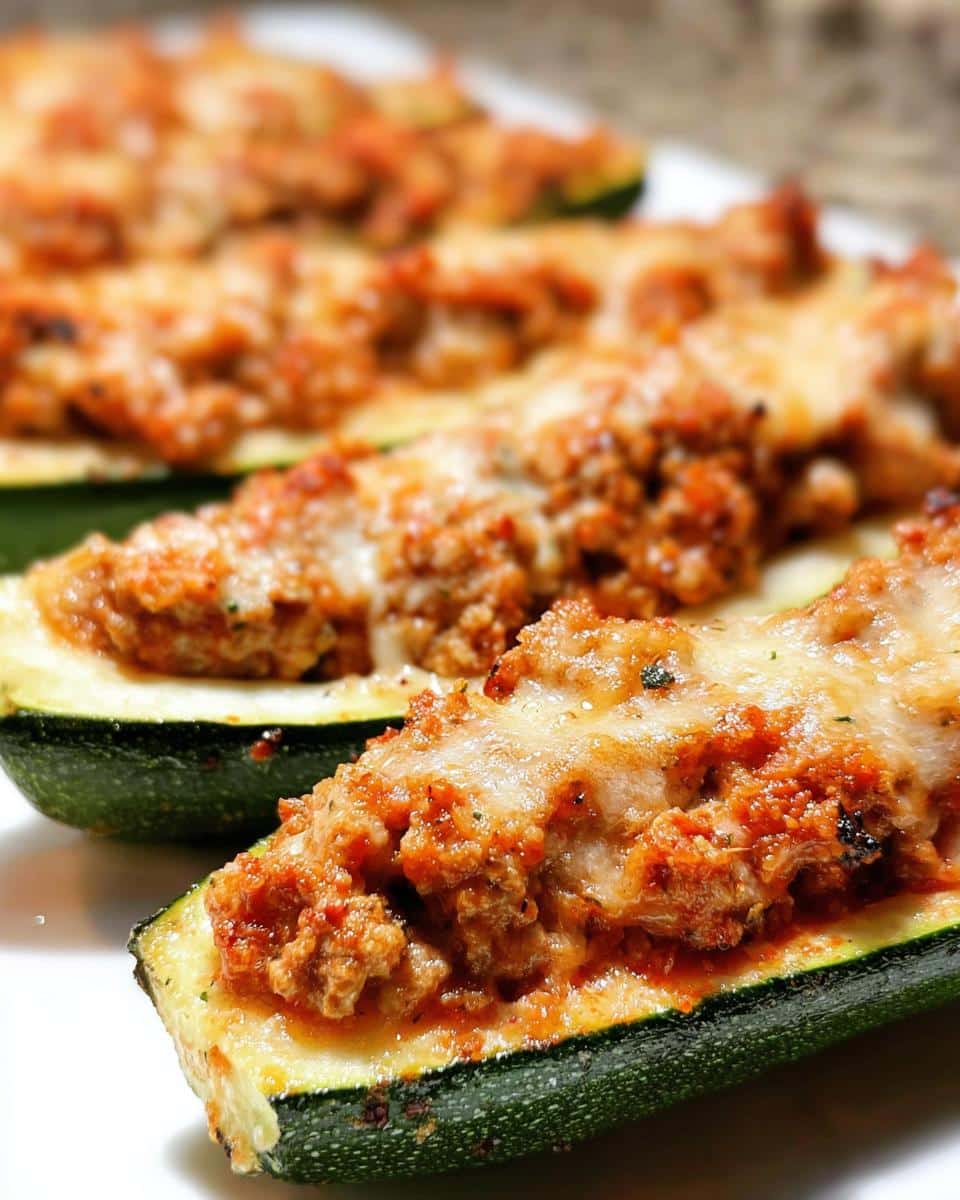 Close-up of baked Stuffed Zucchini Boats filled with meat sauce and topped with melted cheese.