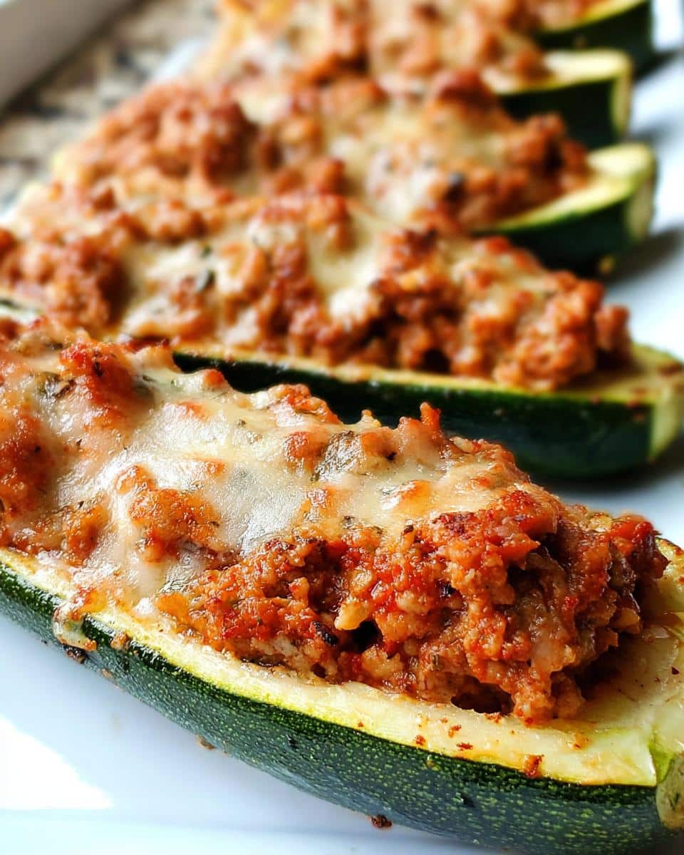 Close-up of baked Stuffed Zucchini Boats filled with meat sauce and melted cheese.