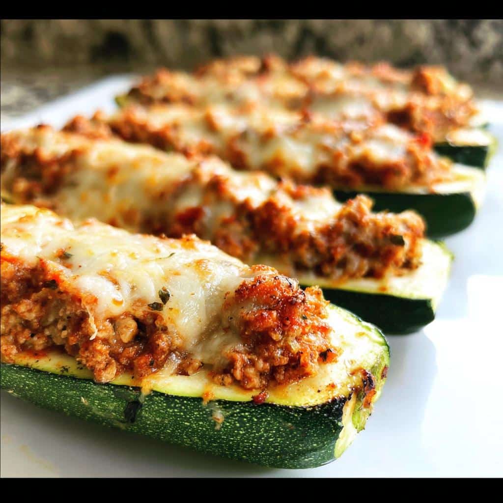 Four baked Stuffed Zucchini Boats filled with savory meat mixture and topped with melted mozzarella cheese.
