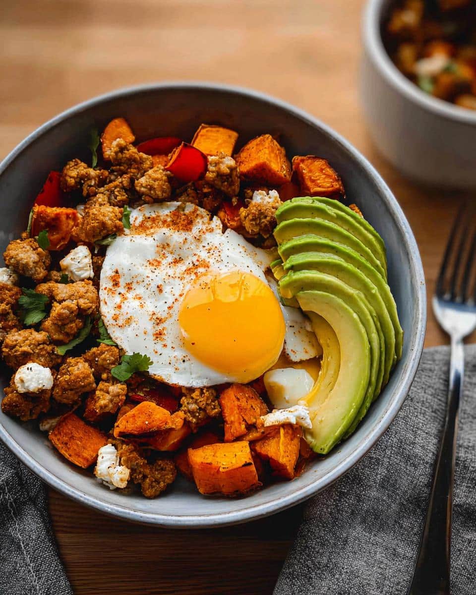 A vibrant Sweet Potato & Egg Breakfast Bowl featuring roasted sweet potatoes, crumbled sausage, a sunny-side-up egg, and sliced avocado.