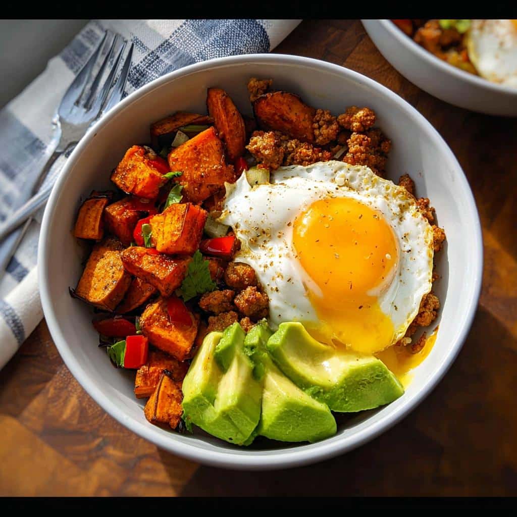 Close-up of a Sweet Potato & Egg Breakfast Bowl (GF) featuring roasted sweet potatoes, crumbled sausage, a sunny-side-up egg, and sliced avocado.
