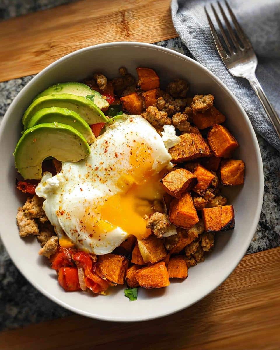 Close-up of a Sweet Potato & Egg Breakfast Bowl with roasted sweet potatoes, sausage, and sliced avocado.