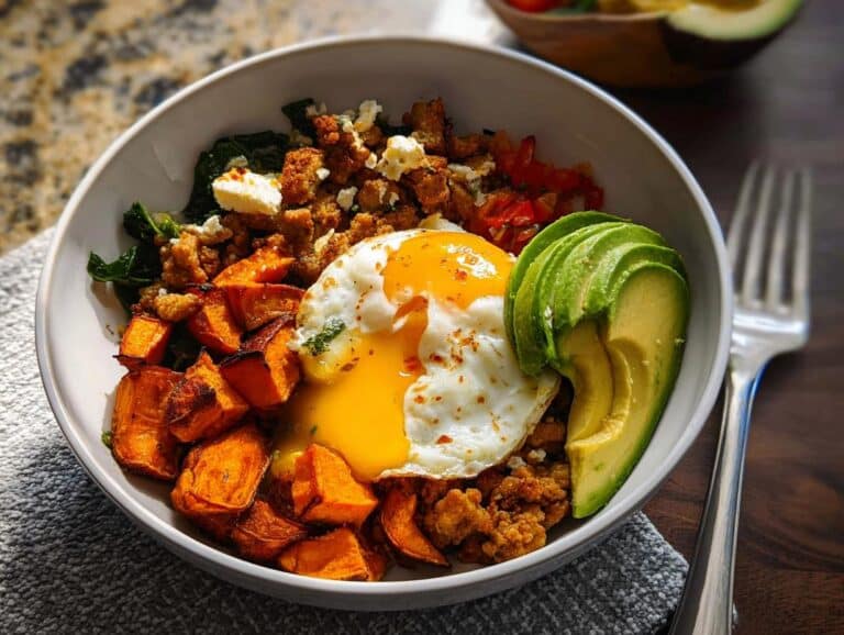 Close-up of a Sweet Potato & Egg Breakfast Bowl featuring roasted sweet potatoes, a sunny-side-up egg, avocado slices, and crumbled cheese.