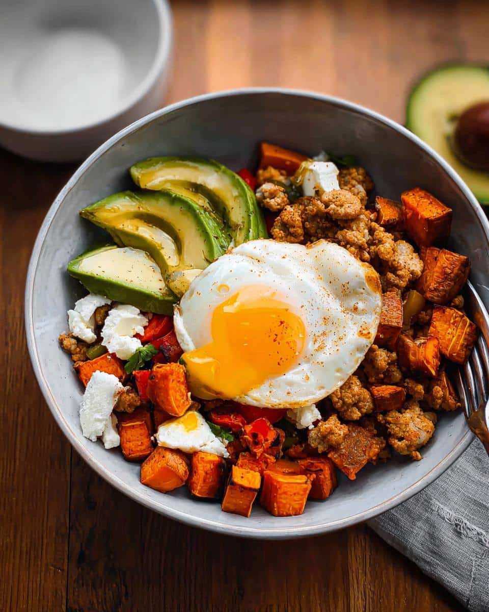 A close-up of a Sweet Potato & Egg Breakfast Bowl (GF) topped with a sunny-side-up egg and sliced avocado.