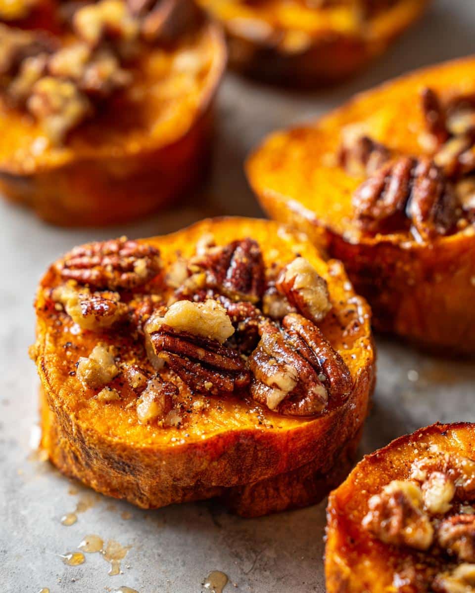 Close-up of glazed Sweet Potato Rounds with Pecans, drizzled with syrup on a gray surface.